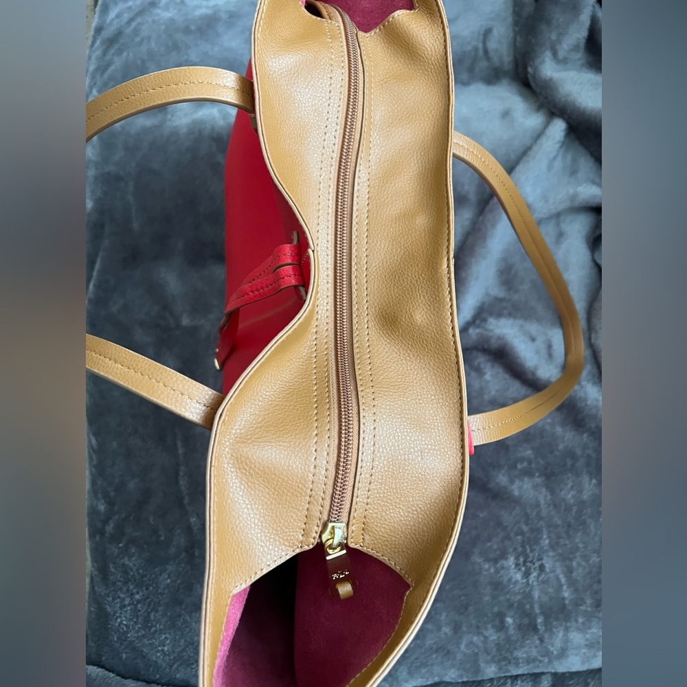 Classic Lauren Ralph Lauren Red/Beige Leather Tote Bag. - Picture 5 of 16